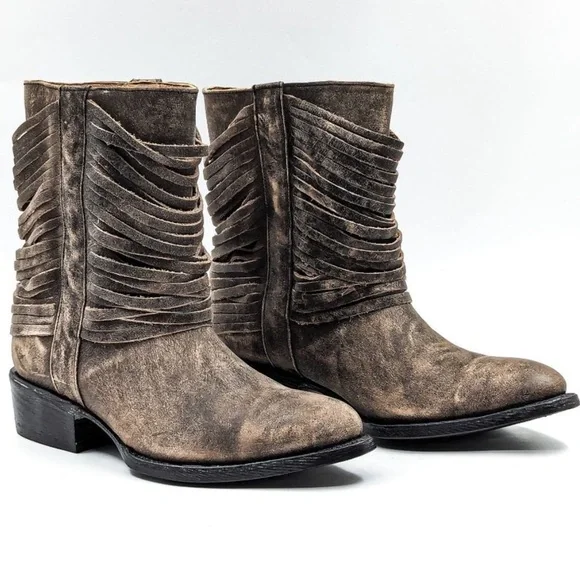 Matisse Distressed Layered Leather Fringe Festival Cowboy Booties - Picture 1 of 12